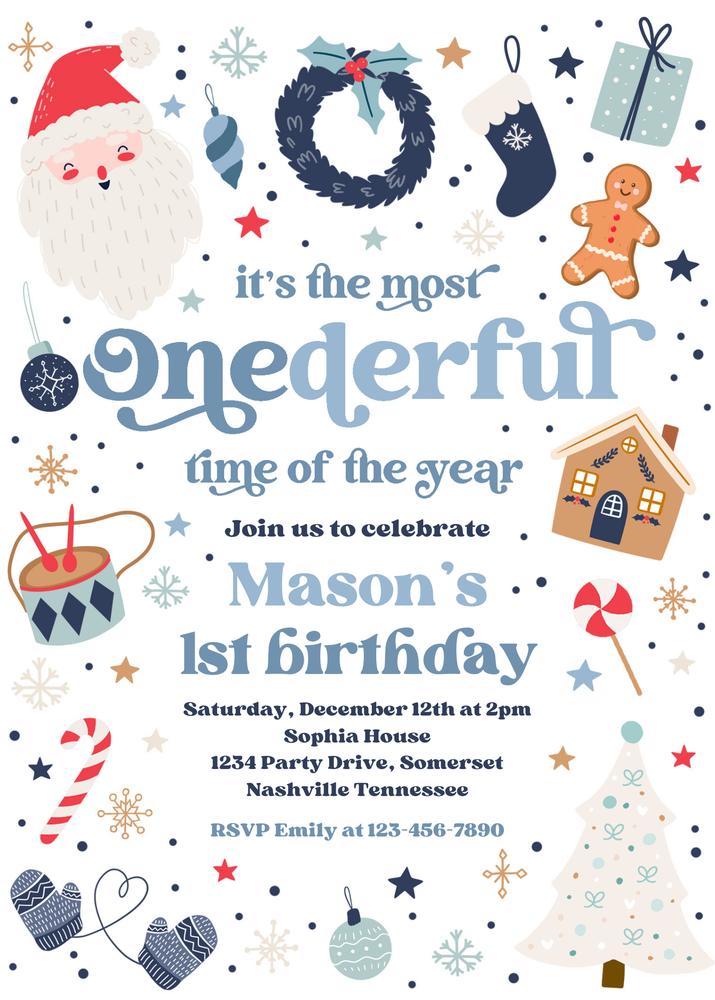 Winter ONEderful Time 1st Birthday Invitation | Christmas Boy Canva Template
