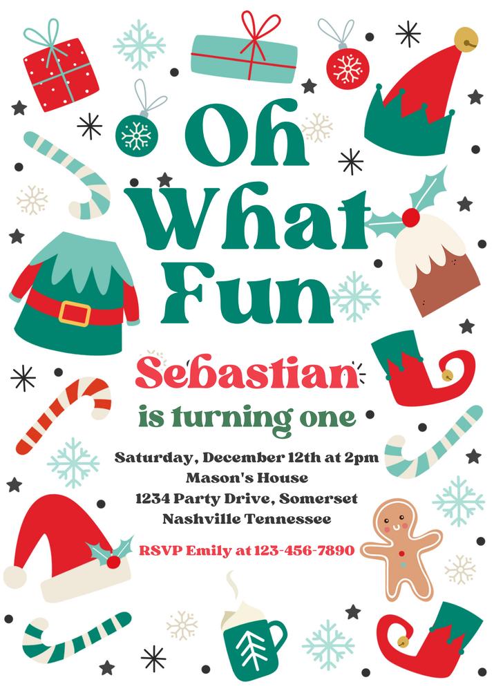 Oh What Fun Christmas Elf Birthday Party Invitation | Editable Canva Template