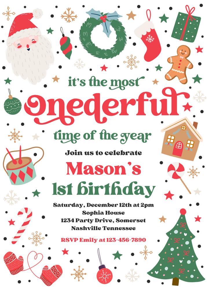 1st Birthday Winter ONEderful Time Christmas Invitation Canva Template