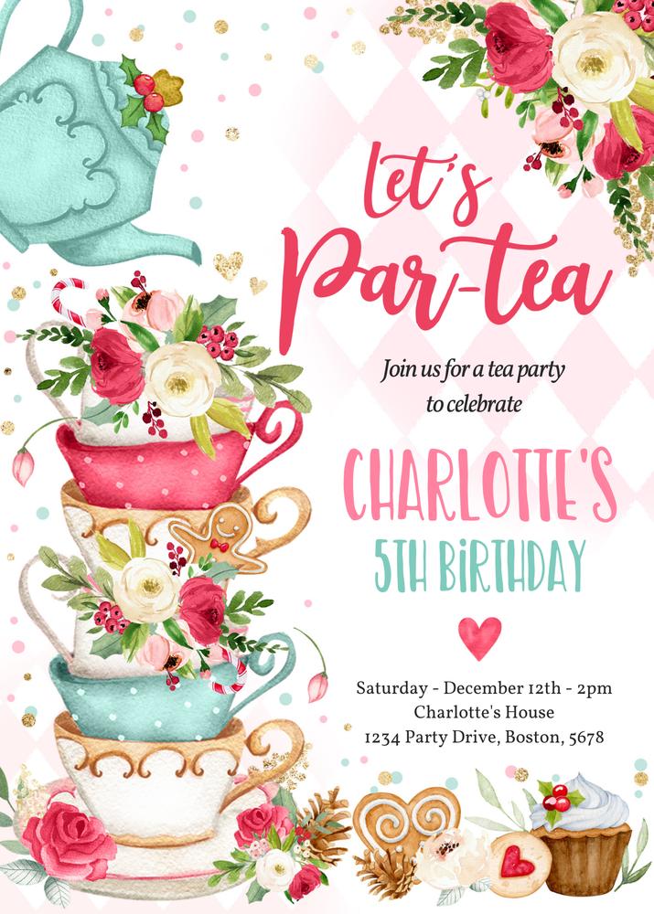 Christmas Tea Party Birthday Invitation | Whimsical Winter Floral Canva Template