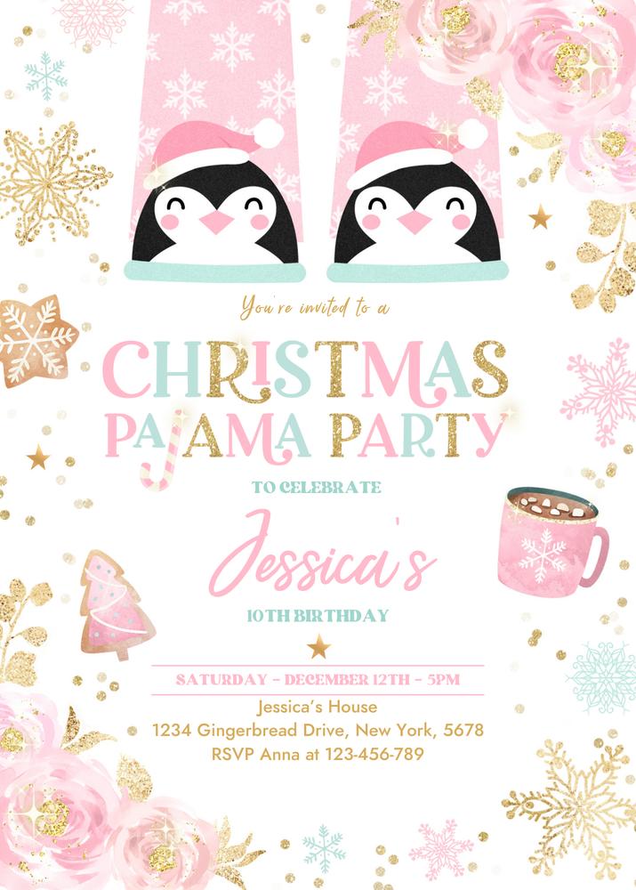 Christmas Pajama Birthday Invitation | Pink & Gold Floral Slumber Party Canva