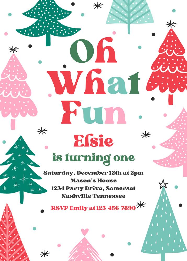 Oh What Fun Christmas Birthday Invitation | Editable Canva Winter Onederland