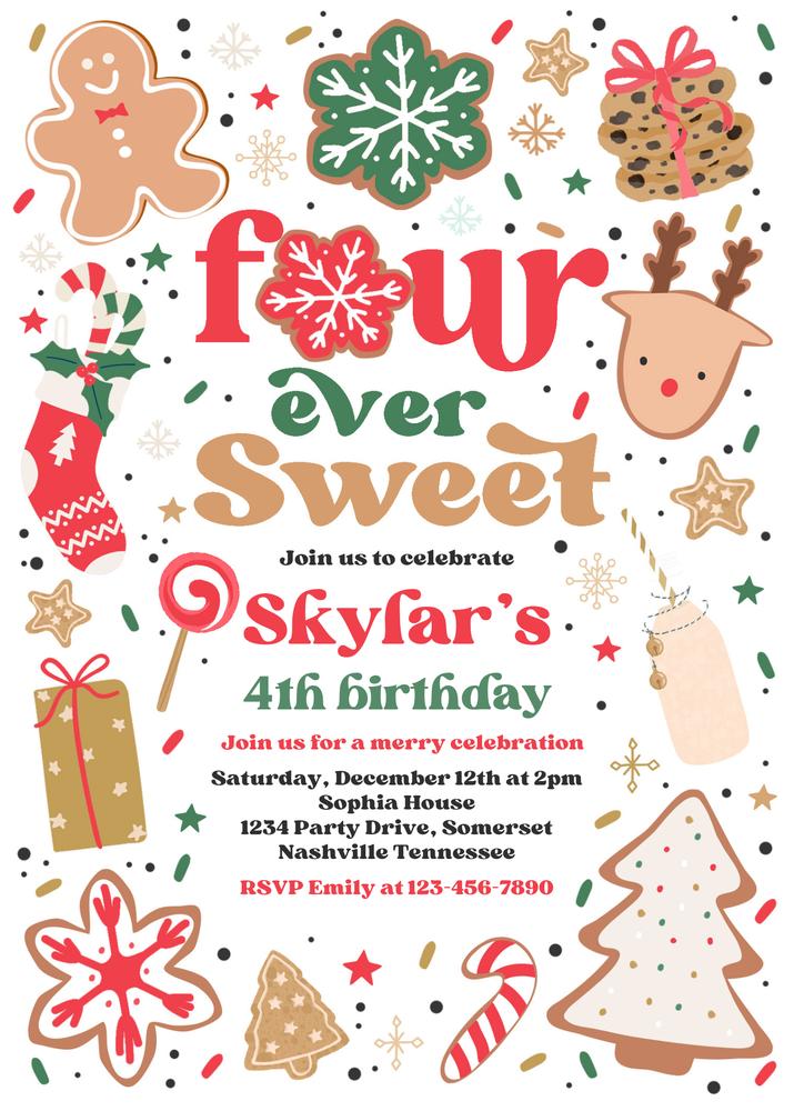 Four Ever Sweet Christmas 4th Birthday Invitation | Editable Holiday Cookie Party