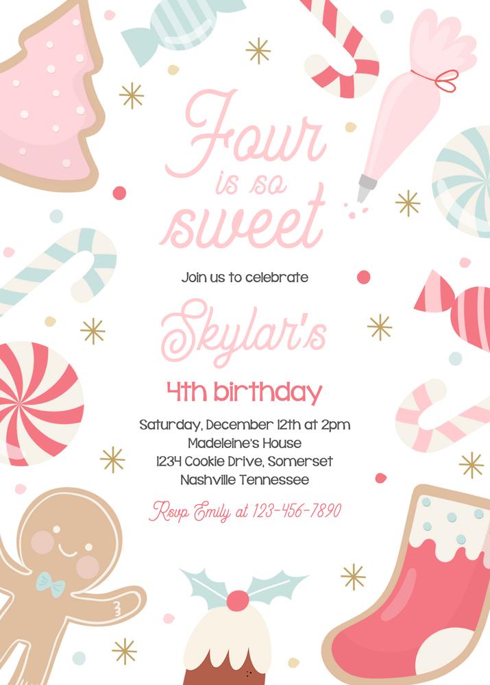 Four Ever Sweet Christmas Cookie 4th Birthday Invitation Canva Template