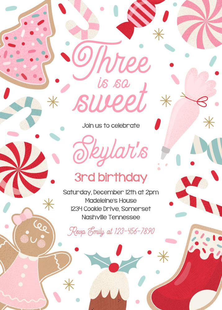 Three Is So Sweet Christmas Cookie 3rd Birthday Invitation Canva Template