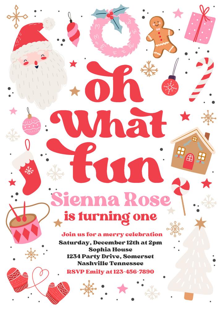 Pink Christmas Birthday Invitation | Oh What Fun Girls Canva Template