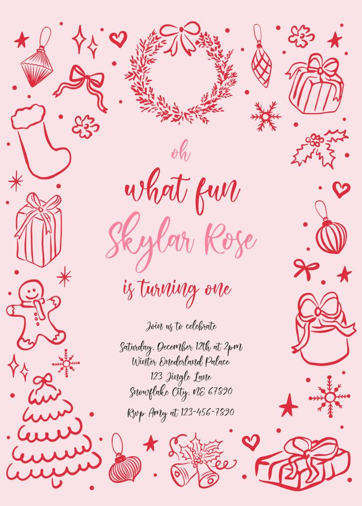 Oh What Fun Christmas Birthday Invitation | Editable Pink Red Coquette Bow DIY