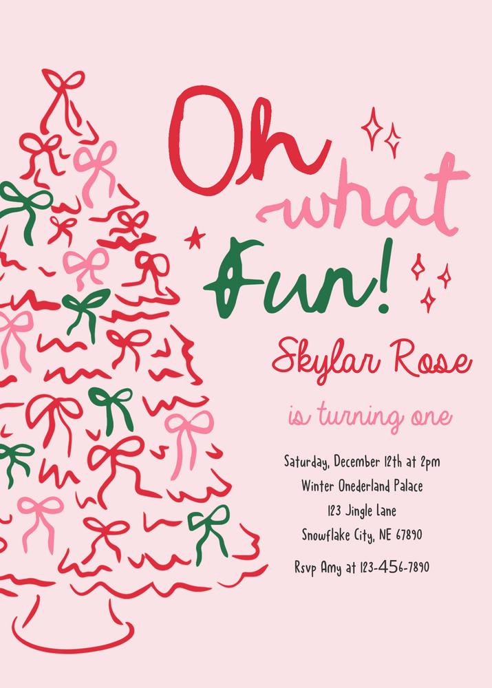 Oh What Fun Christmas Tree Birthday Invitation | Pink & Red Coquette Bow Canva