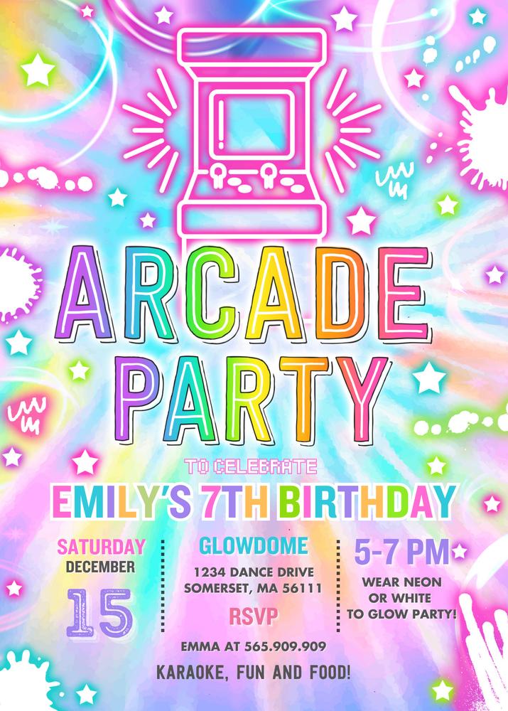 Neon Arcade Birthday Video Game Invitation - Glow Tie Dye Canva Template