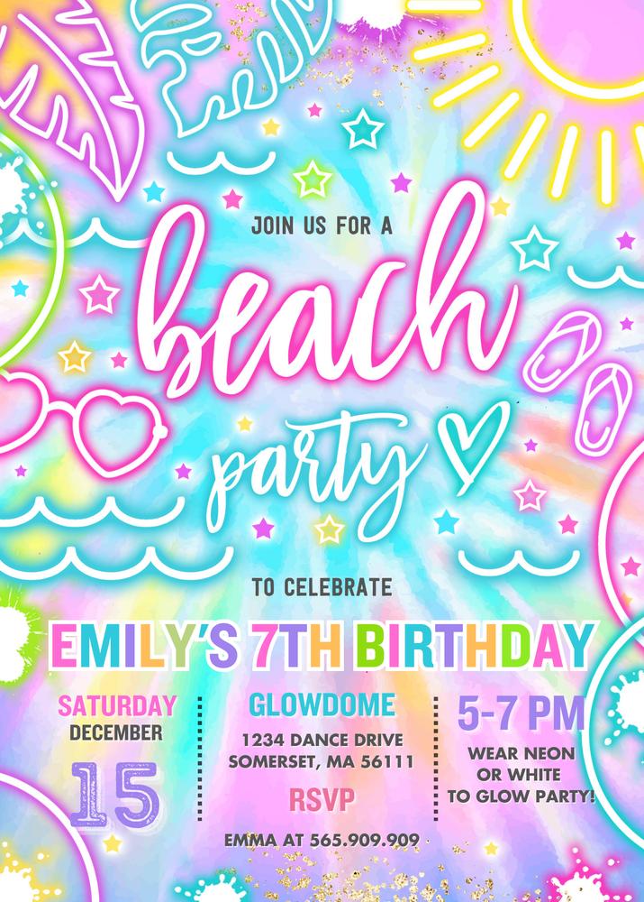 Editable Neon Glow Tie Dye Beach Birthday Invitation | Canva Template