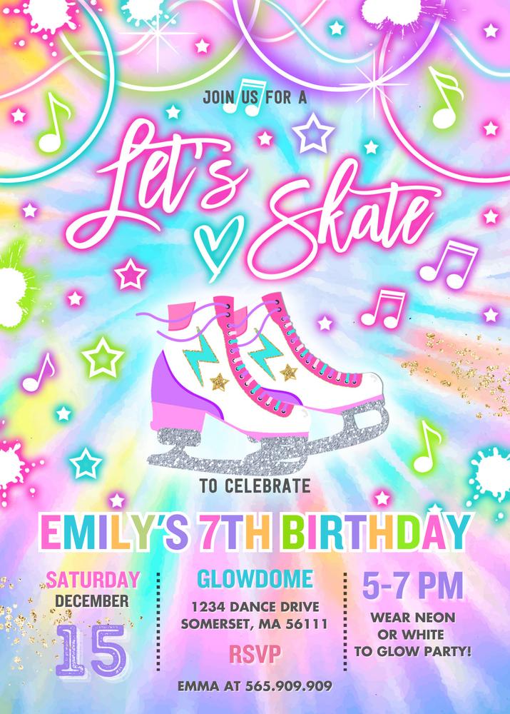 Editable Glow Tie Dye Ice Skating Party Invitation, Canva Neon Skate Invite