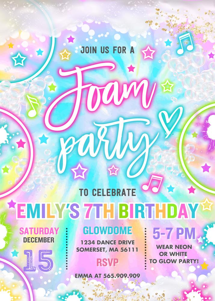 Tie Dye Foam Party Invitation | Editable Glow Neon Birthday Template