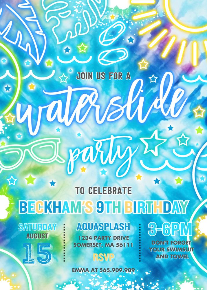 Neon Tie Dye Water Slide Birthday Invitation | Glow Splash Pad Canva Template