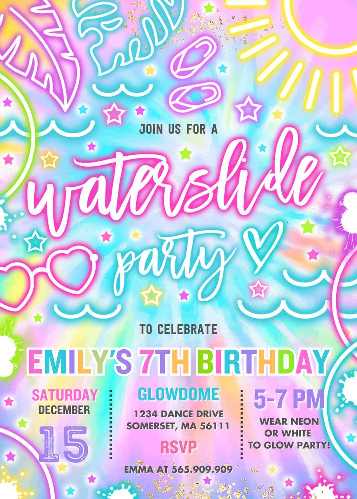 Editable Neon Glow Water Slide Birthday Invitation | Tie Dye Summer Splash Pad