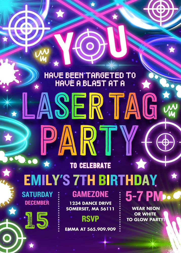 Laser Tag Birthday Invitation | Neon Glow Editable Canva Template
