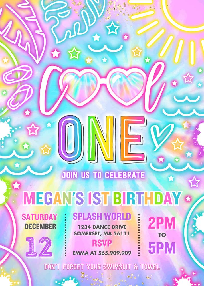 Glow Neon Tie Dye Pool Party 1st Birthday Invitation - Editable Canva Template