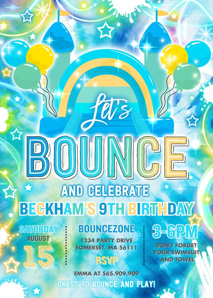 Neon Glow Bounce House Birthday Party Invitation | Editable Canva Template