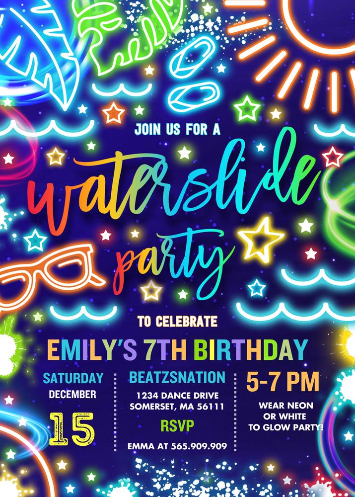 Glow Neon Tie Dye Waterpark Birthday Invitation | Editable Canva Template