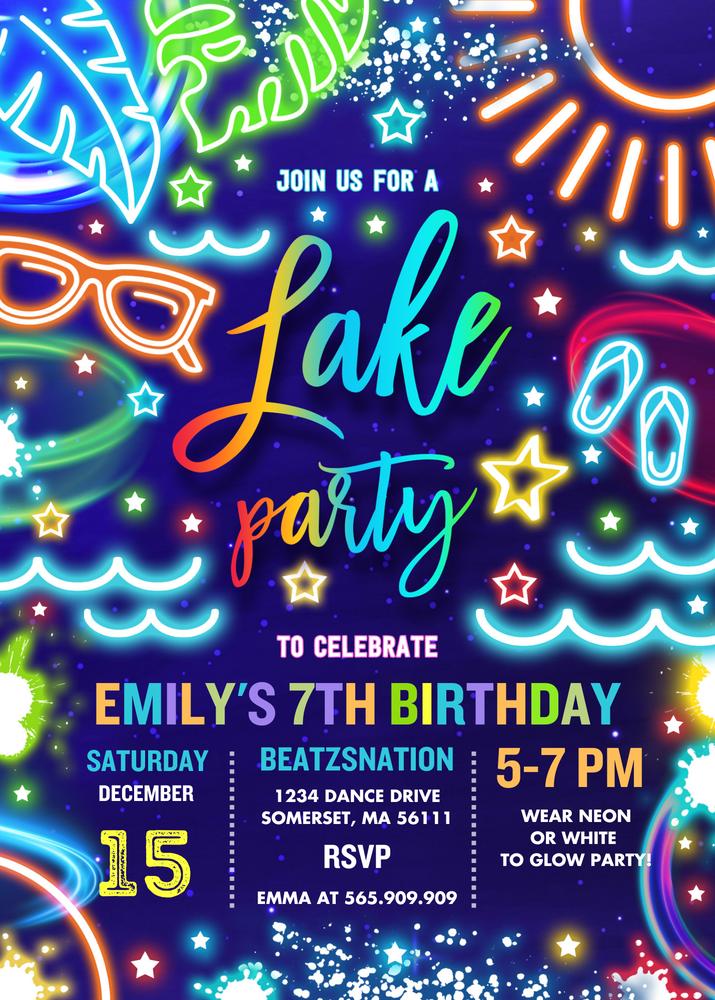 Glow Neon Tie Dye Lake Birthday Invitation | Editable Canva Boat Party Template