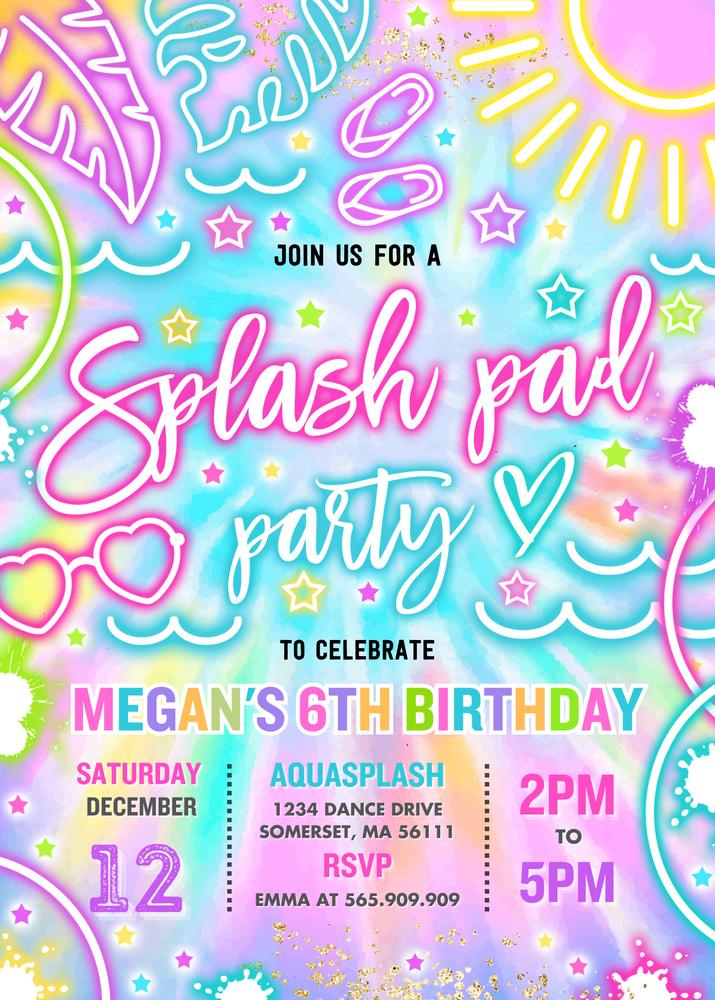 Neon Glow Splash Pad Birthday Invitation | Editable Canva Summer Pool Party