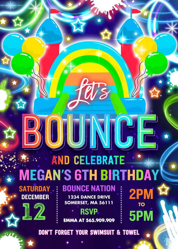 Neon Glow Bounce House Birthday Invitation | Editable Canva Template