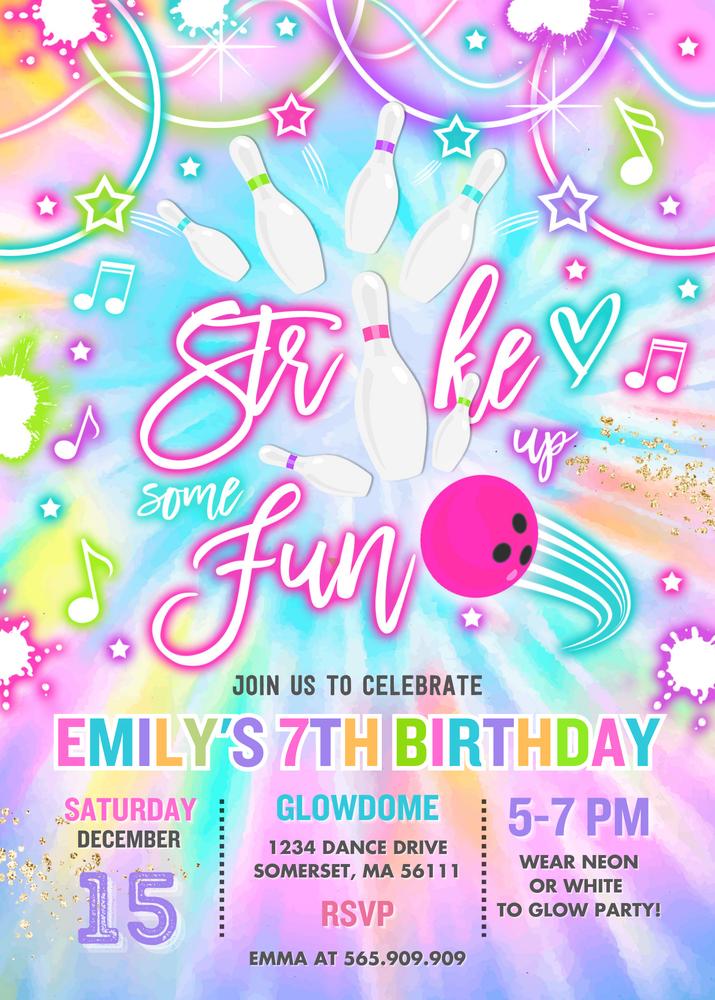 Glow Bowling Birthday Invitation, Tie Dye Neon Party, Editable Canva Template