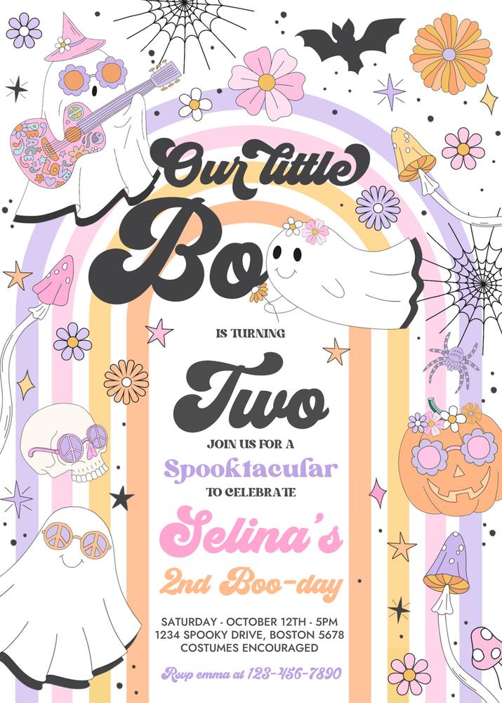 Little Boo 2nd Birthday Invitation | Editable Groovy Ghost Canva Template