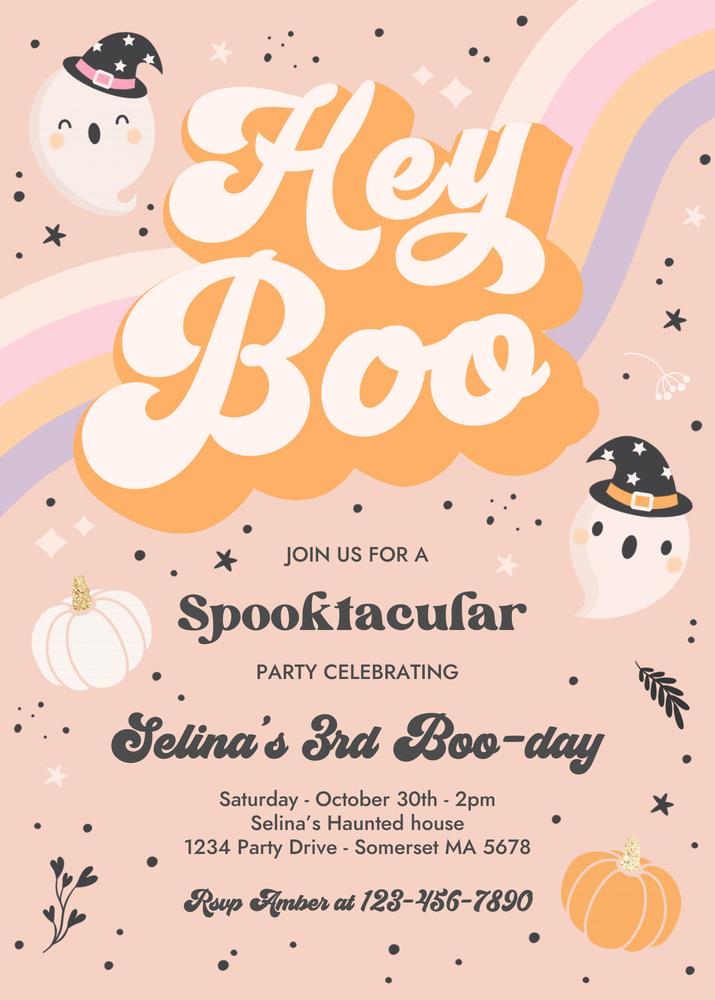 Editable Retro Pink Ghost Girl Birthday Invitation | Spooky One Canva Template