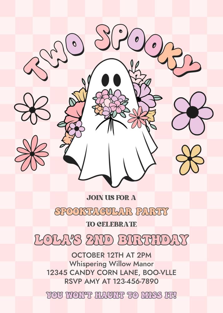 Retro Groovy Pink Ghost 2nd Birthday Invitation | Two Spooky Halloween Template