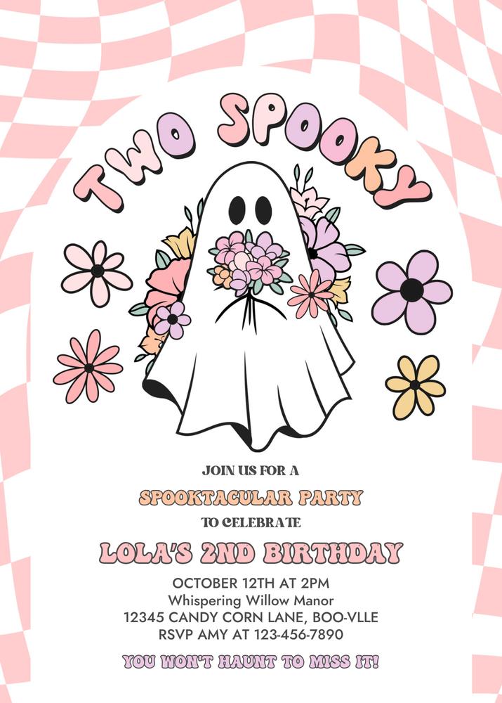 Two Spooky Ghost 2nd Birthday Invitation | Retro Groovy Pink Halloween Template