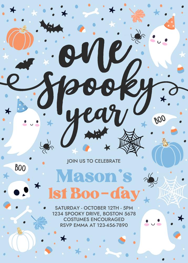 One Spooky Year Boy 1st Birthday Invite | Editable Blue Ghost Canva Template