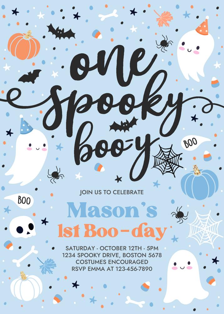 Blue Ghost 1st Birthday Invitation | Spooky One Spooktacular Canva Template