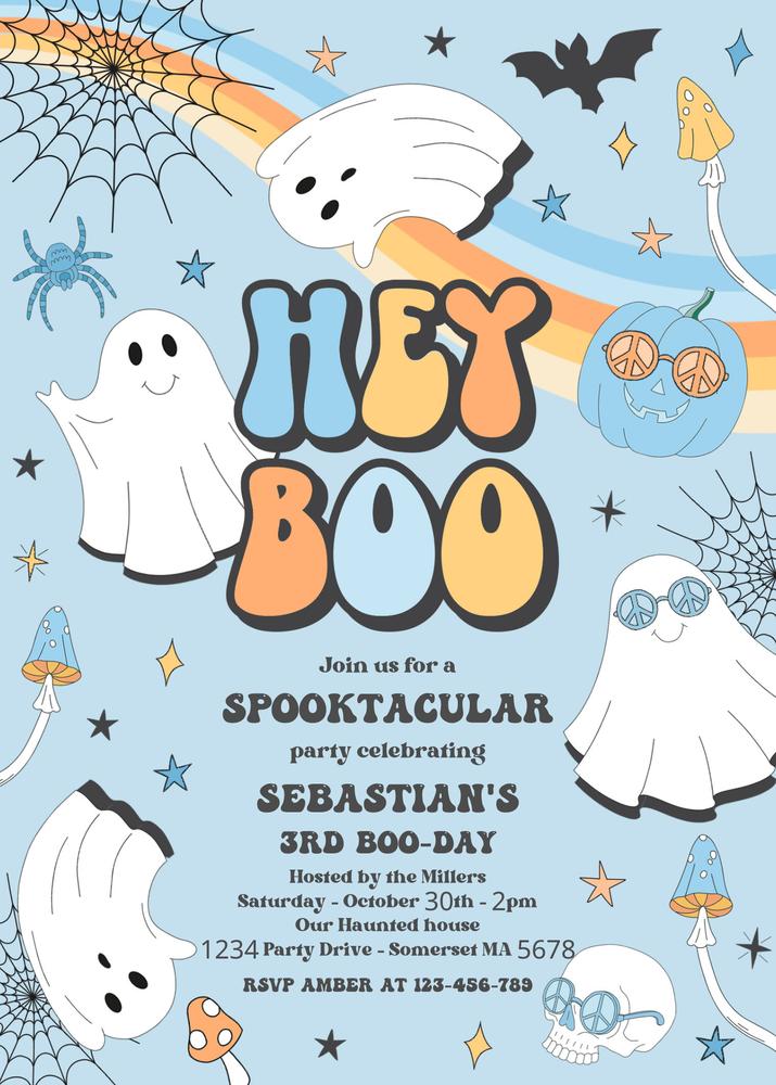 One Spooky Boo-y 1st Birthday Invitation | Retro Groovy Ghost Canva Template