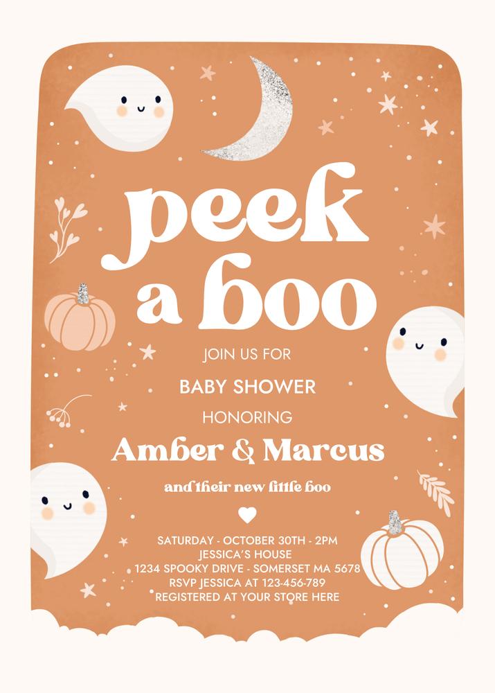 Peek A Boo Baby Shower Invite | Boho Halloween Ghost Canva Template