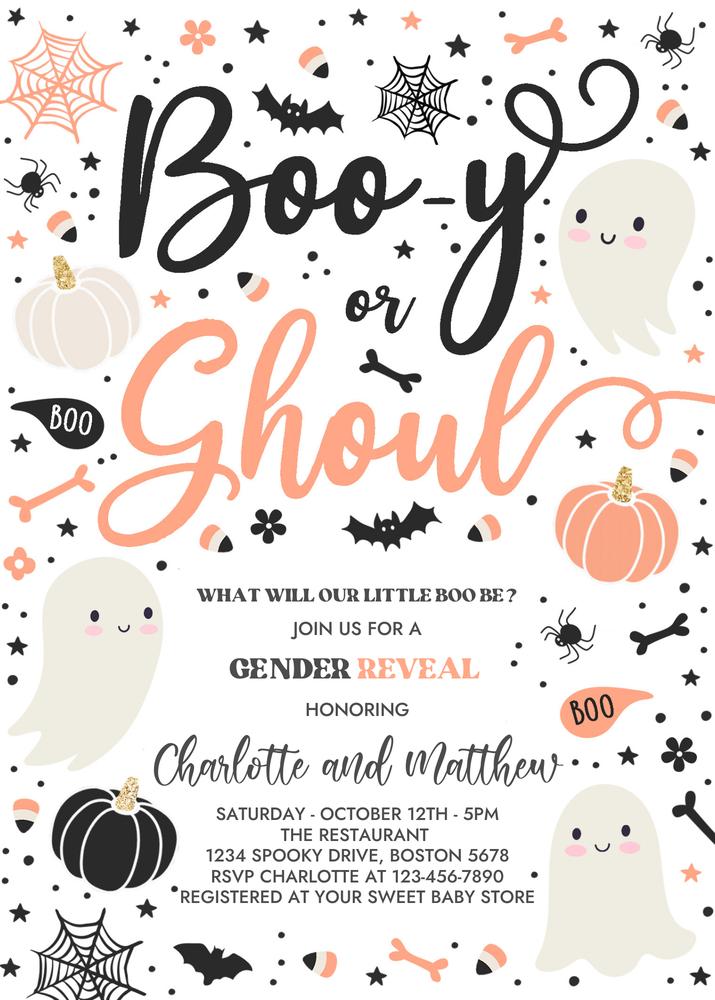 Halloween Gender Reveal Invitation | Editable Little Boo Ghost Canva Template