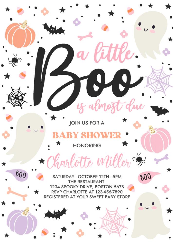 Editable Pink Ghost Baby Shower Invitation | Little Boo Halloween Girl Template