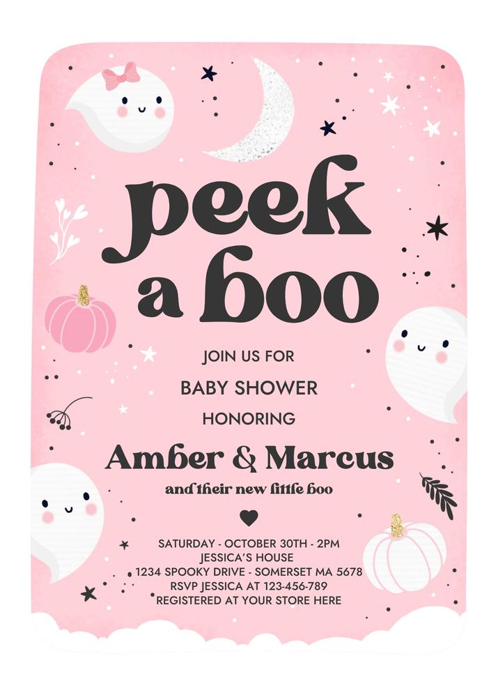 Pink Peek A Boo Baby Shower Invitation | Editable Girl Ghost Halloween Template