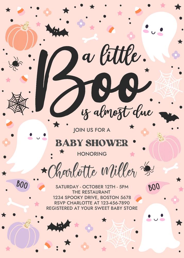 Editable Little Boo Baby Shower Invitation | Purple Halloween Ghost Girl