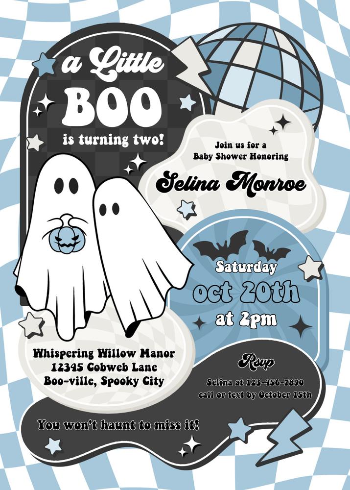 Little Boo Baby Shower Invitation | Editable Blue Ghost Boy Halloween Invite