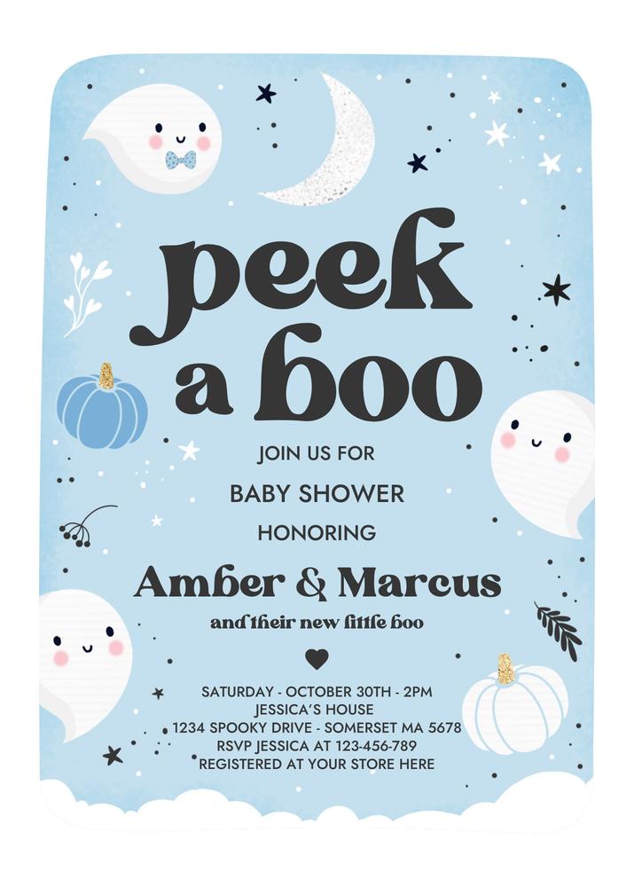Peek A Boo Baby Shower Invite | Editable Blue Halloween Boy Ghost Template