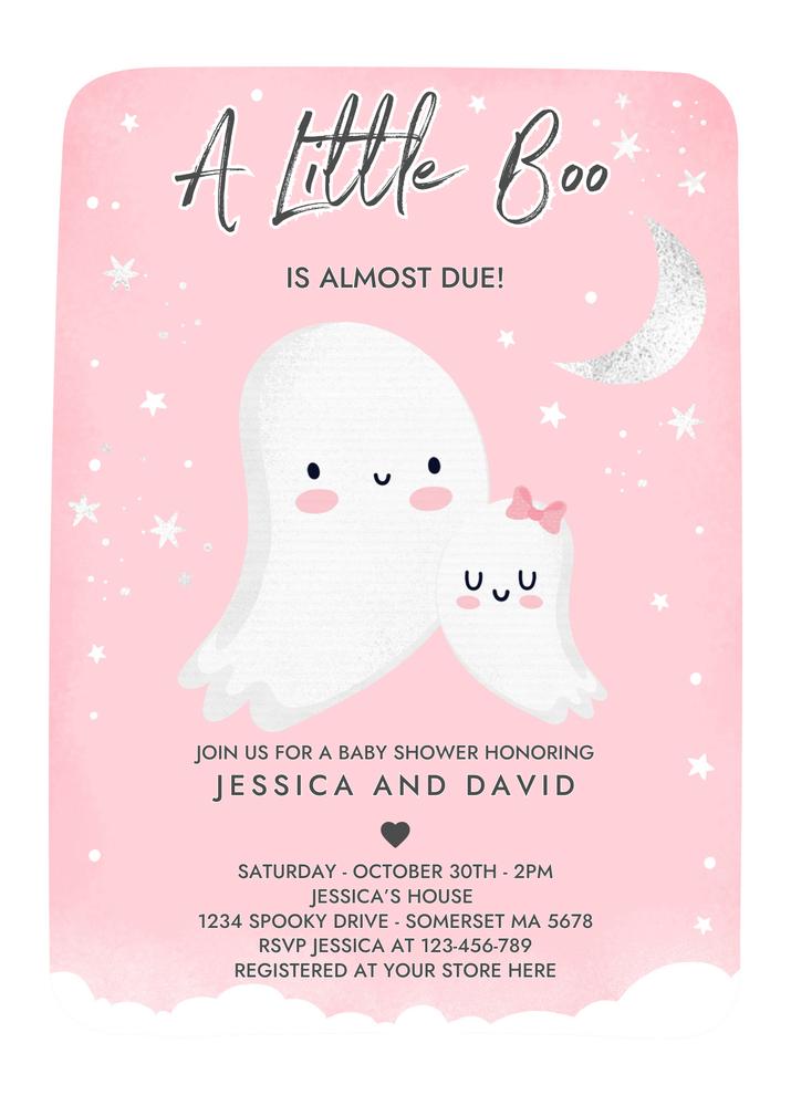 Pink Little Boo Baby Shower Invitation | Editable Girl Halloween Canva Template