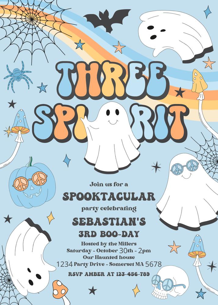 Three Spirit Halloween 3rd Birthday Invitation | Retro Groovy Ghost Canva Template