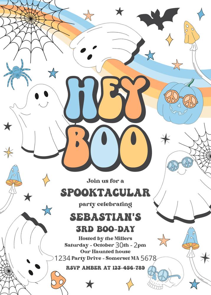 Editable Hey Boo 1st Birthday Invitation | Retro Groovy Ghost Halloween Invite