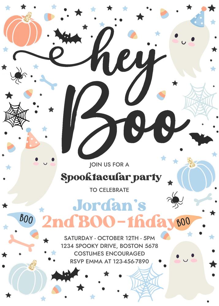 Editable Hey Boo Boy Ghost Birthday Invitation | Halloween 2nd Birthday Canva