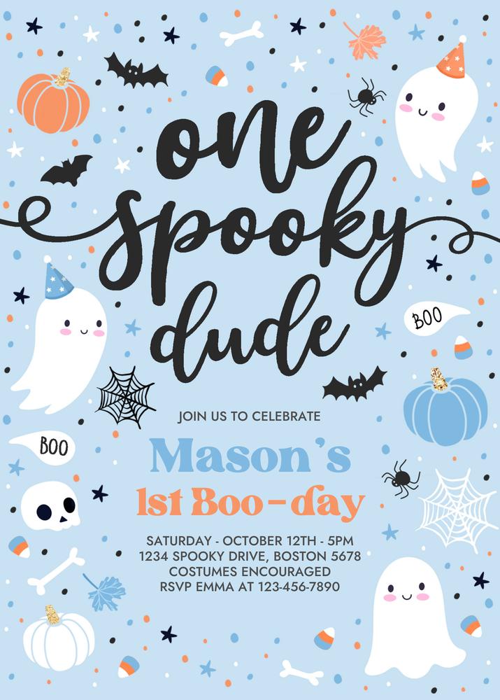 One Spooky Dude 1st Birthday Invitation | Blue Ghost Boy Party Canva Template