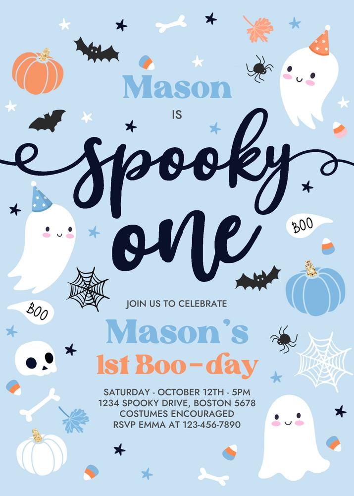 Spooky One Ghost 1st Birthday Invitation | Editable Halloween Boy Invite Canva