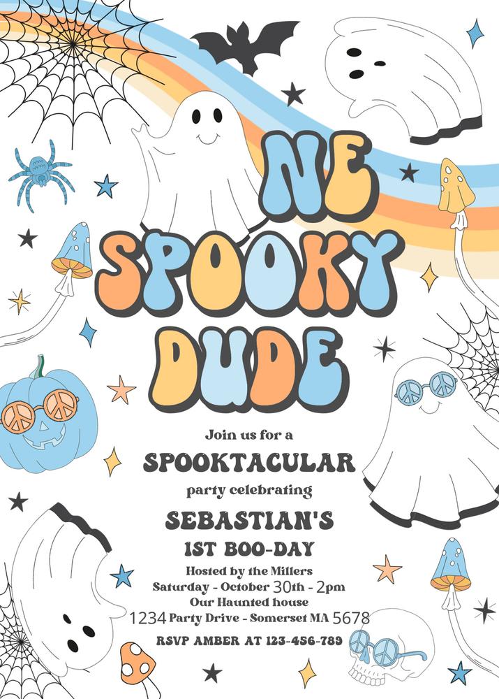 One Spooky Dude 1st Birthday Invitation | Groovy Ghost Retro Halloween Template