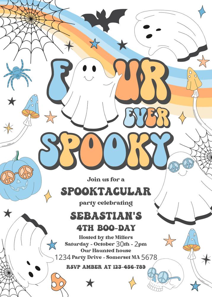 Editable Four Ever Spooky 4th Birthday Invite | Retro Groovy Ghost Canva Template