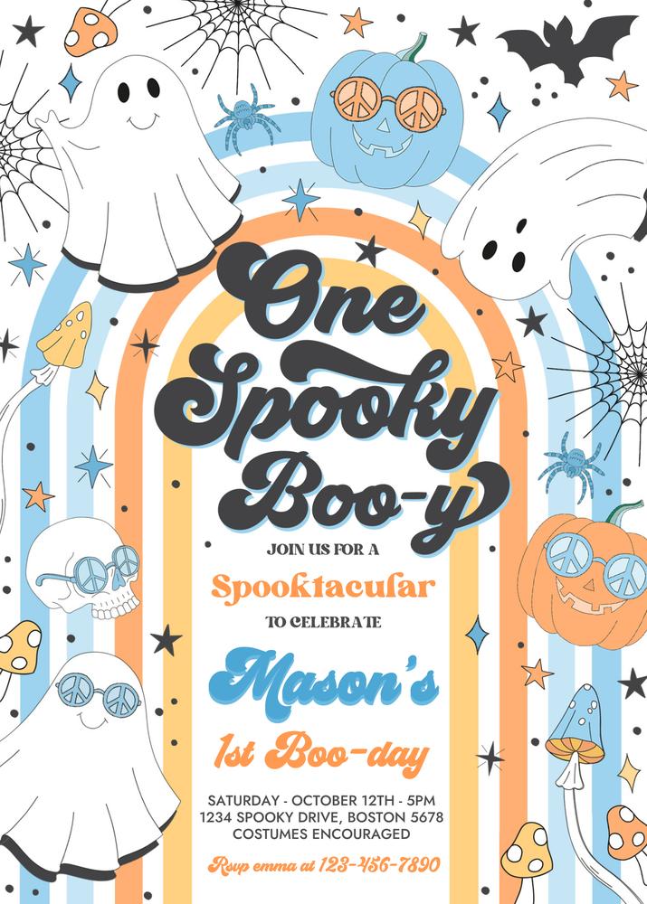 One Spooky Boo-y Ghost 1st Birthday Invitation | Groovy Retro Canva Template