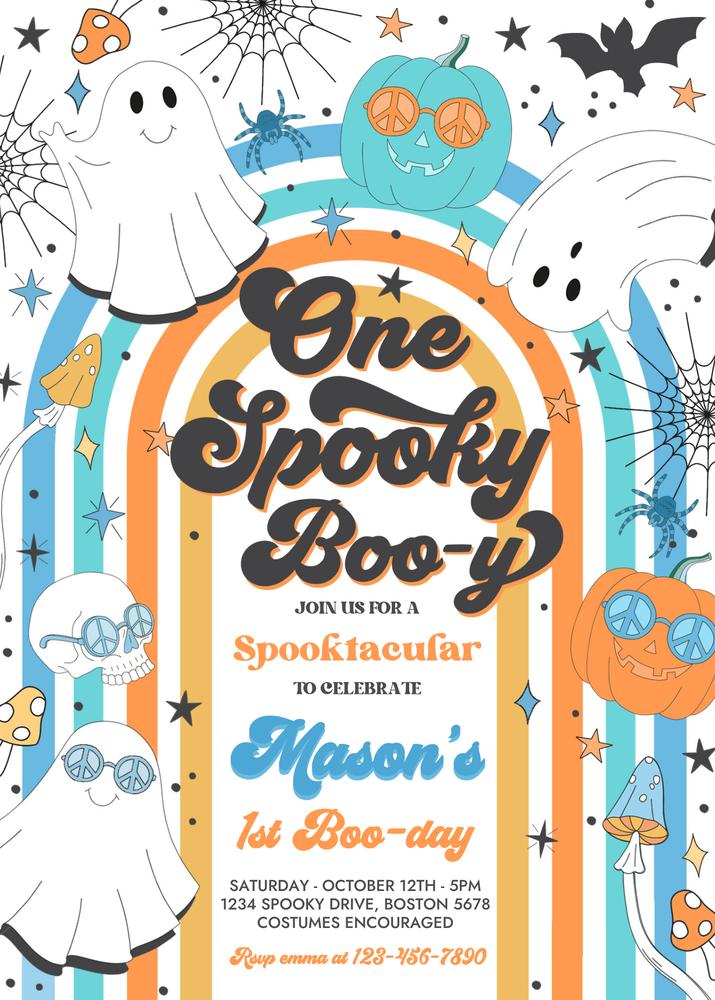 Spooky Boy 1st Birthday Invitation | Retro Groovy Ghost Canva Template